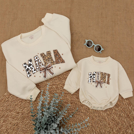 Personalized Howdy Christmas Mama and Mini Western Matching Sweatshirt with Cow Print Leopard Accents Rustic Bow Christmas Family