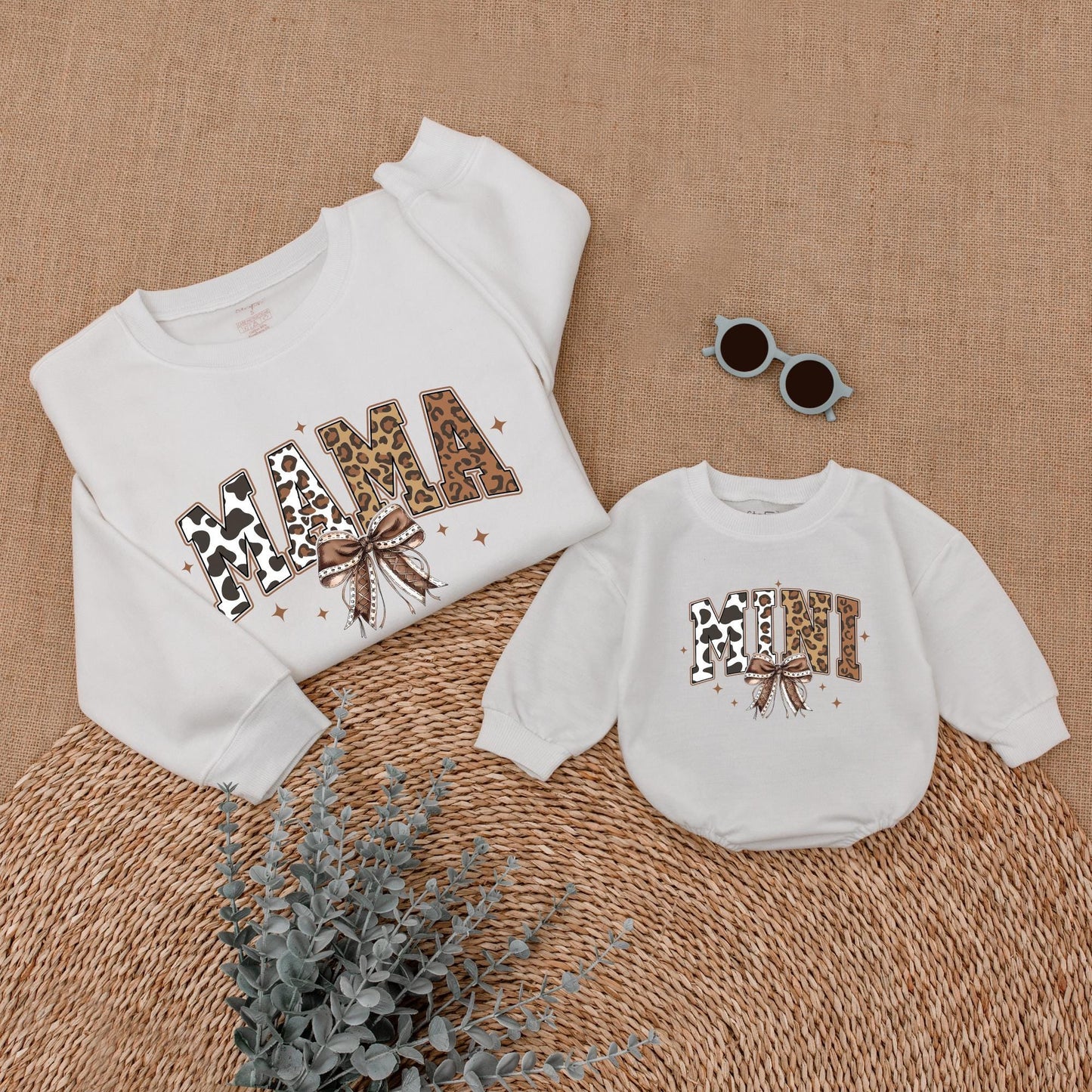 Personalized Howdy Christmas Mama and Mini Western Matching Sweatshirt with Cow Print Leopard Accents Rustic Bow Christmas Family