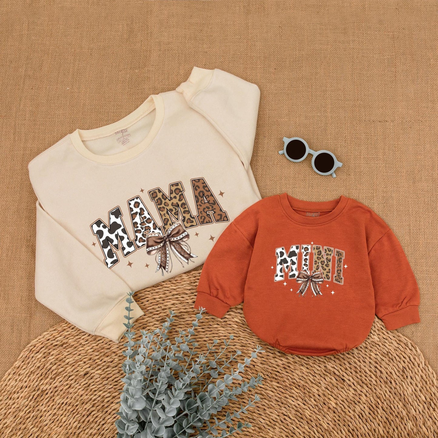 Personalized Howdy Christmas Mama and Mini Western Matching Sweatshirt with Cow Print Leopard Accents Rustic Bow Christmas Family