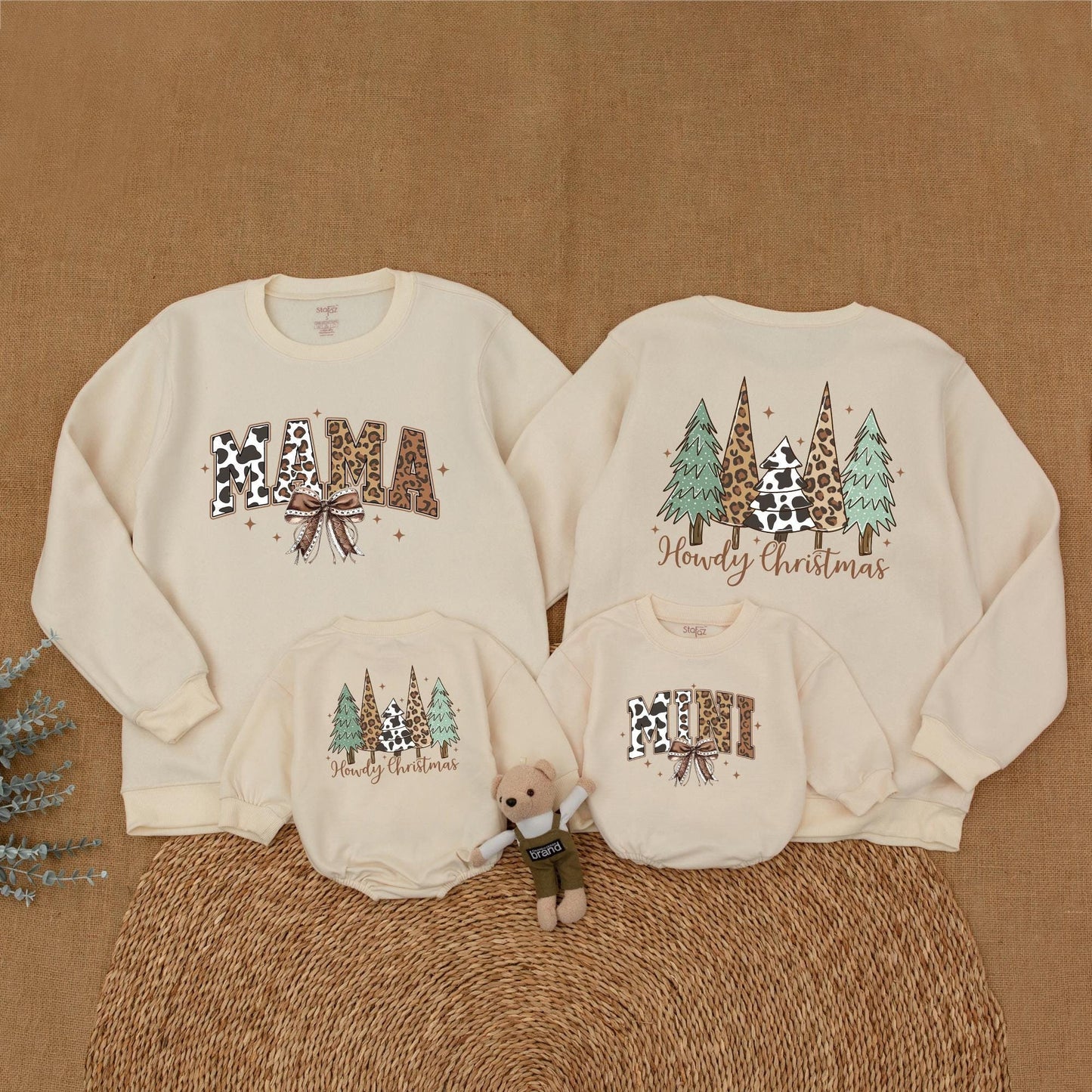 Personalized Howdy Christmas Mama and Mini Western Matching Sweatshirt with Cow Print Leopard Accents Rustic Bow Christmas Family