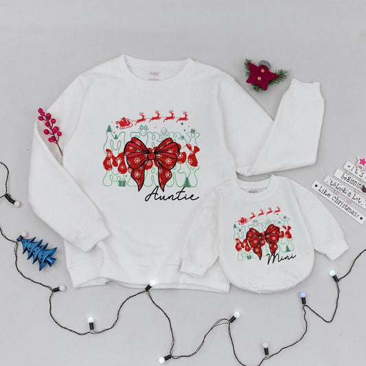 Merry Auntie and Mini Christmas Sweatshirt Set, Whimsical Reindeer Sleigh Matching Family Outfit, Holiday Bow, Soft Cotton Gift for Aunt, Baby Xmas (138 chars)