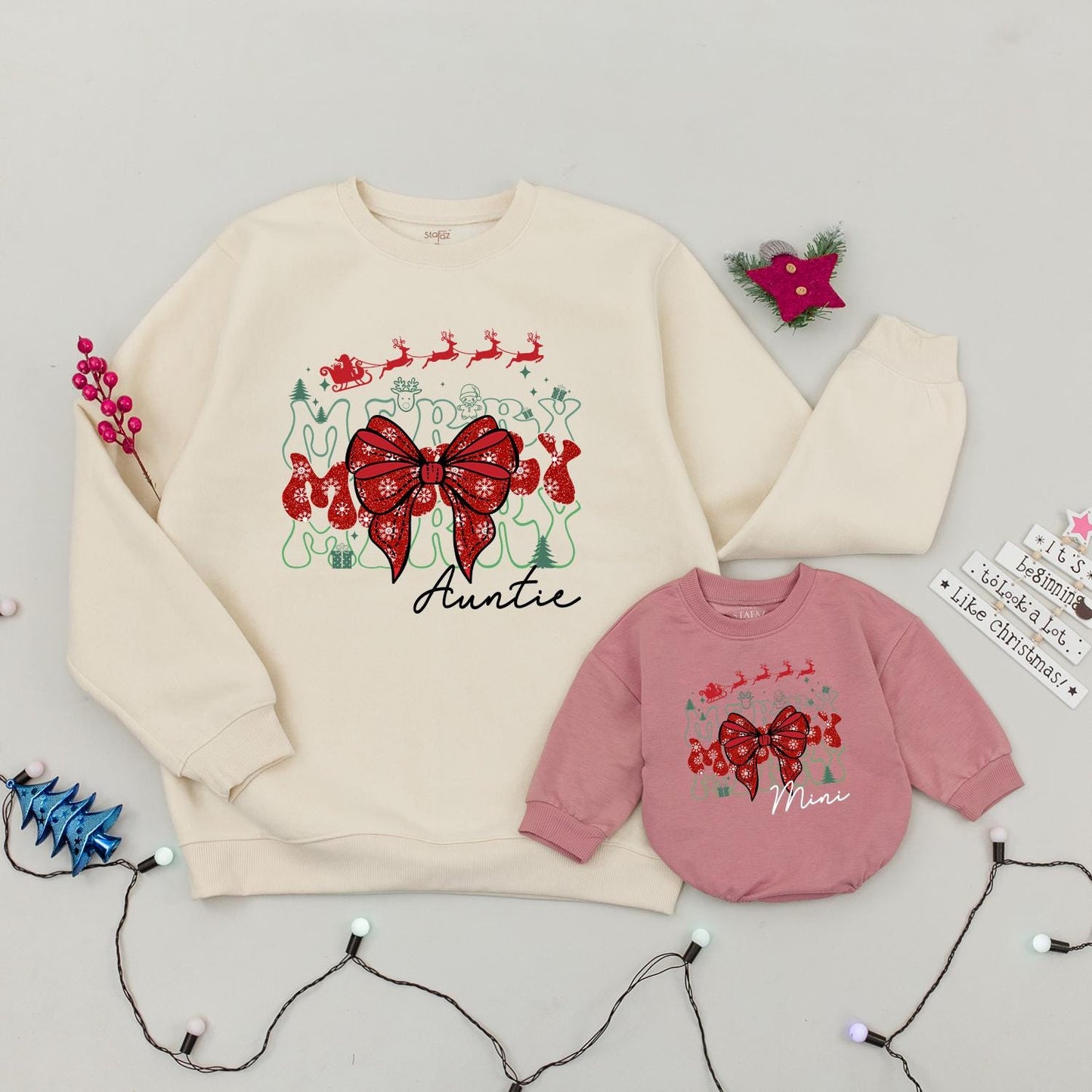 Merry Auntie and Mini Christmas Sweatshirt Set, Whimsical Reindeer Sleigh Matching Family Outfit, Holiday Bow, Soft Cotton Gift for Aunt, Baby Xmas (138 chars)