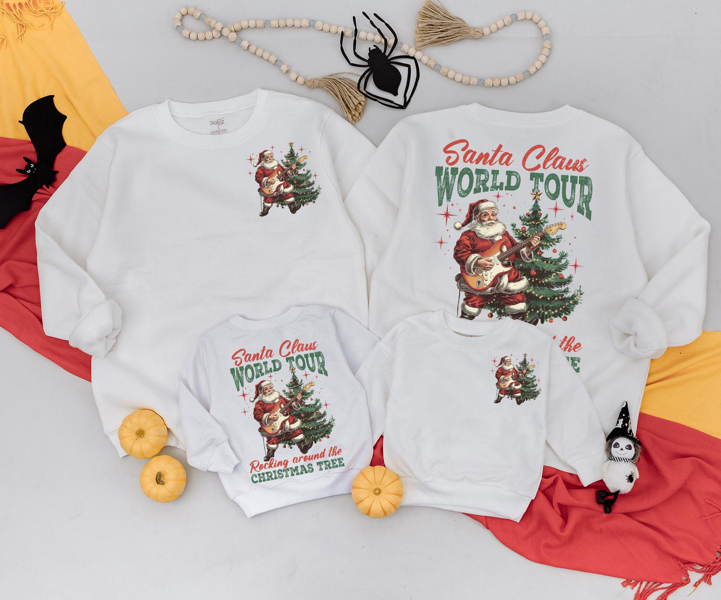 Retro Rockin' Santa World Tour Sweatshirt, Guitar Playing Christmas Tree Outfit, Baby Romper, Toddler Gift, 2 Sided Xmas Sweater Newborn Clothing 138