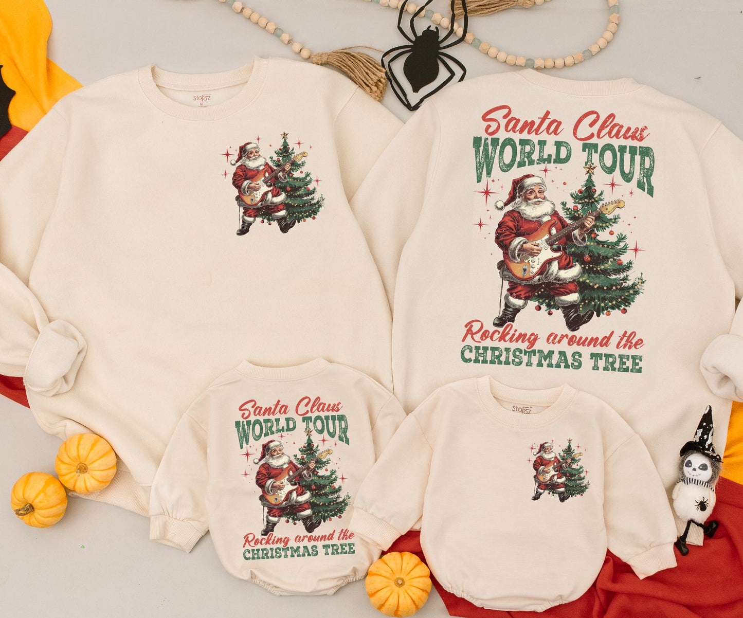 Retro Rockin' Santa World Tour Sweatshirt, Guitar Playing Christmas Tree Outfit, Baby Romper, Toddler Gift, 2 Sided Xmas Sweater Newborn Clothing 138