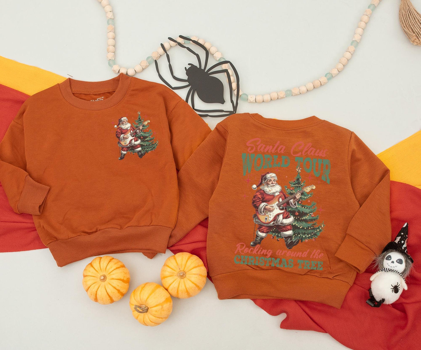 Retro Rockin' Santa World Tour Sweatshirt, Guitar Playing Christmas Tree Outfit, Baby Romper, Toddler Gift, 2 Sided Xmas Sweater Newborn Clothing 138