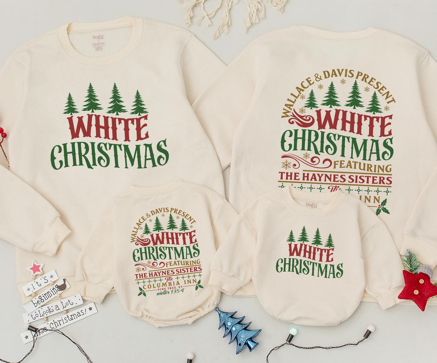 White Christmas Vintage Family Matching Sweatshirt Retro Green Trees Snowflakes Mama and Mini Holiday Outfit Newborn Baby Romper Gift Set