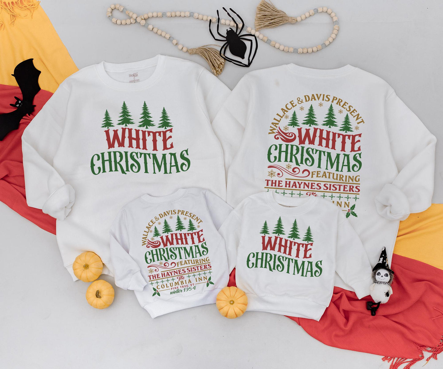 White Christmas Vintage Family Matching Sweatshirt Retro Green Trees Snowflakes Mama and Mini Holiday Outfit Newborn Baby Romper Gift Set