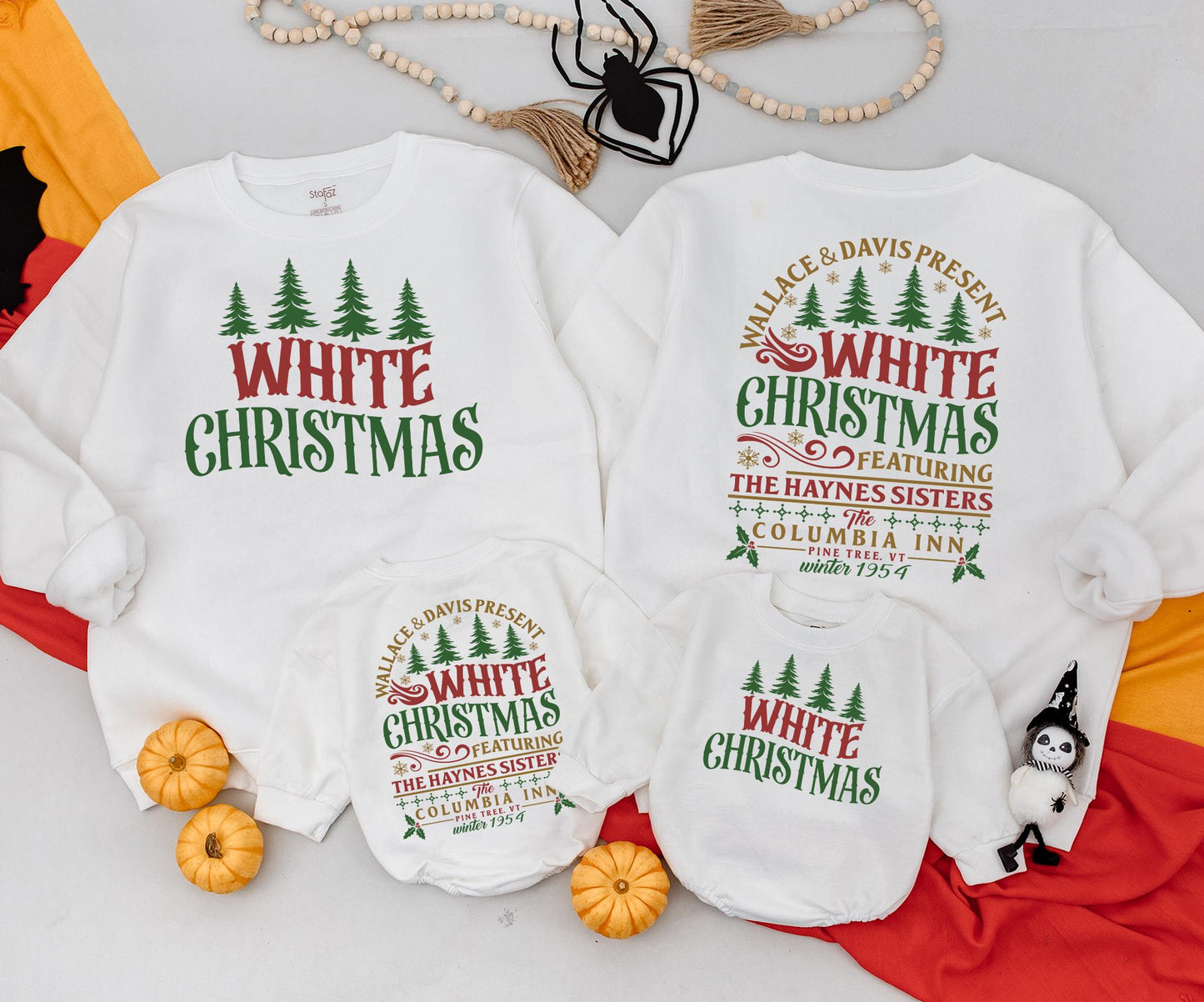 White Christmas Vintage Family Matching Sweatshirt Retro Green Trees Snowflakes Mama and Mini Holiday Outfit Newborn Baby Romper Gift Set