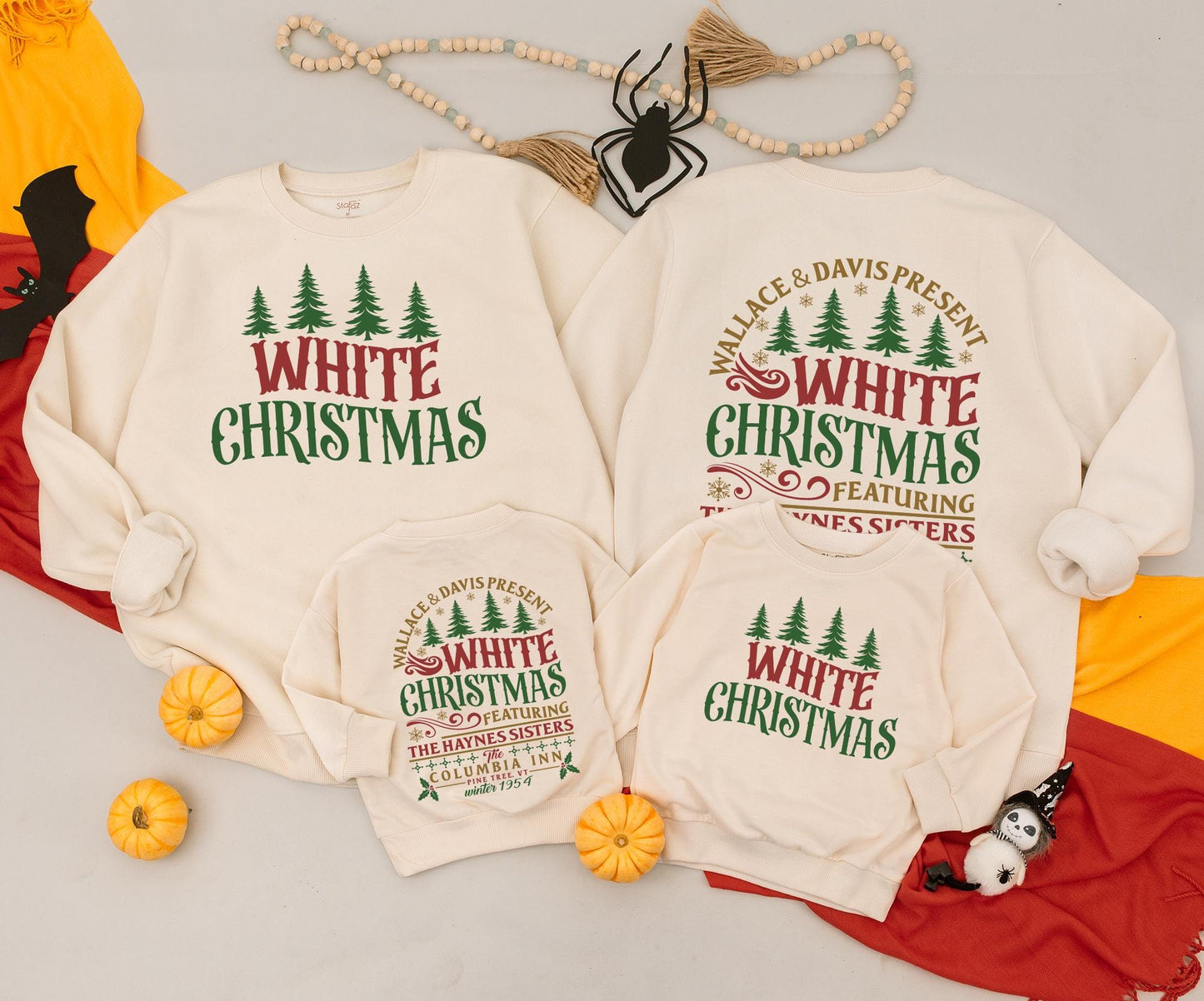 White Christmas Vintage Family Matching Sweatshirt Retro Green Trees Snowflakes Mama and Mini Holiday Outfit Newborn Baby Romper Gift Set