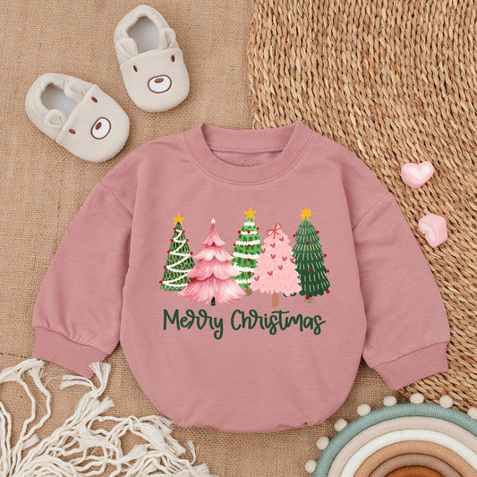 Merry Christmas Baby Girl Bubble Romper Outfit with Festive Tree Design Newborn & Infant Holiday Clothes