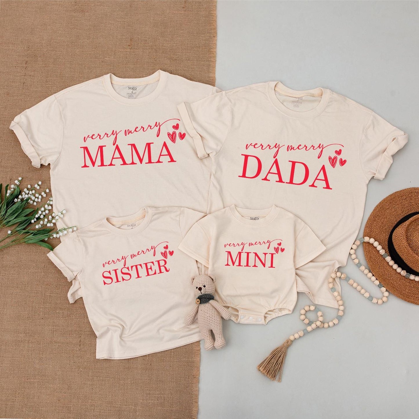 Very Merry Christmas Matching Family Shirts, Mama Mini Claus Outfit, Red Heart Holiday Tees, Baby Bodysuit, Newborn Gift Set, Festive Xmas Apparel (139 chars)