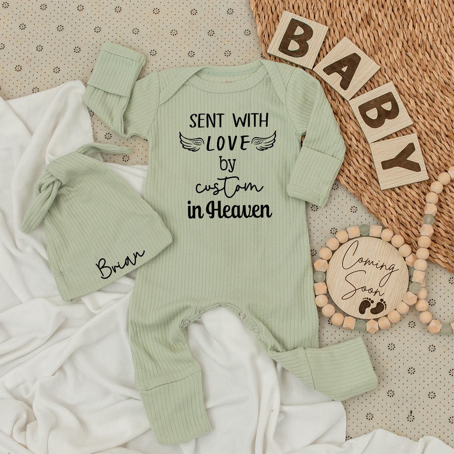 Personalized Heaven Sent Baby Bodysuit and Hat Set featuring "Sent with Love by Grandma in Heaven" and Custom Baby Name