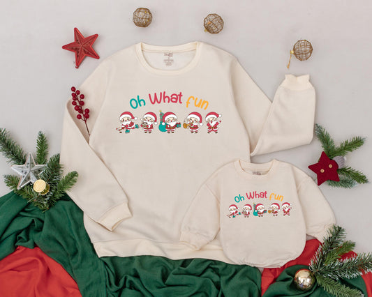 Personalized Mama and Mini Matching Christmas Sweatshirts featuring playful "Oh What Fun" Santa figures Mom Daughter Baby Romper Gift