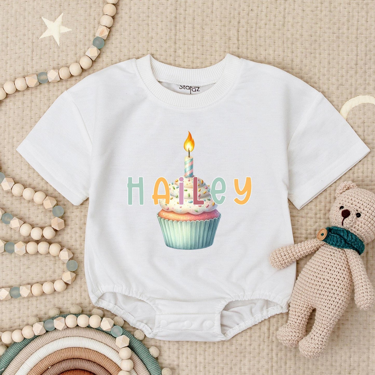 Hailey Personalized Birthday Cupcake Romper Baby Girl's 1st Birthday Outfit with Candle Design, Pastel Colors, Short Sleeve Bubble Romper