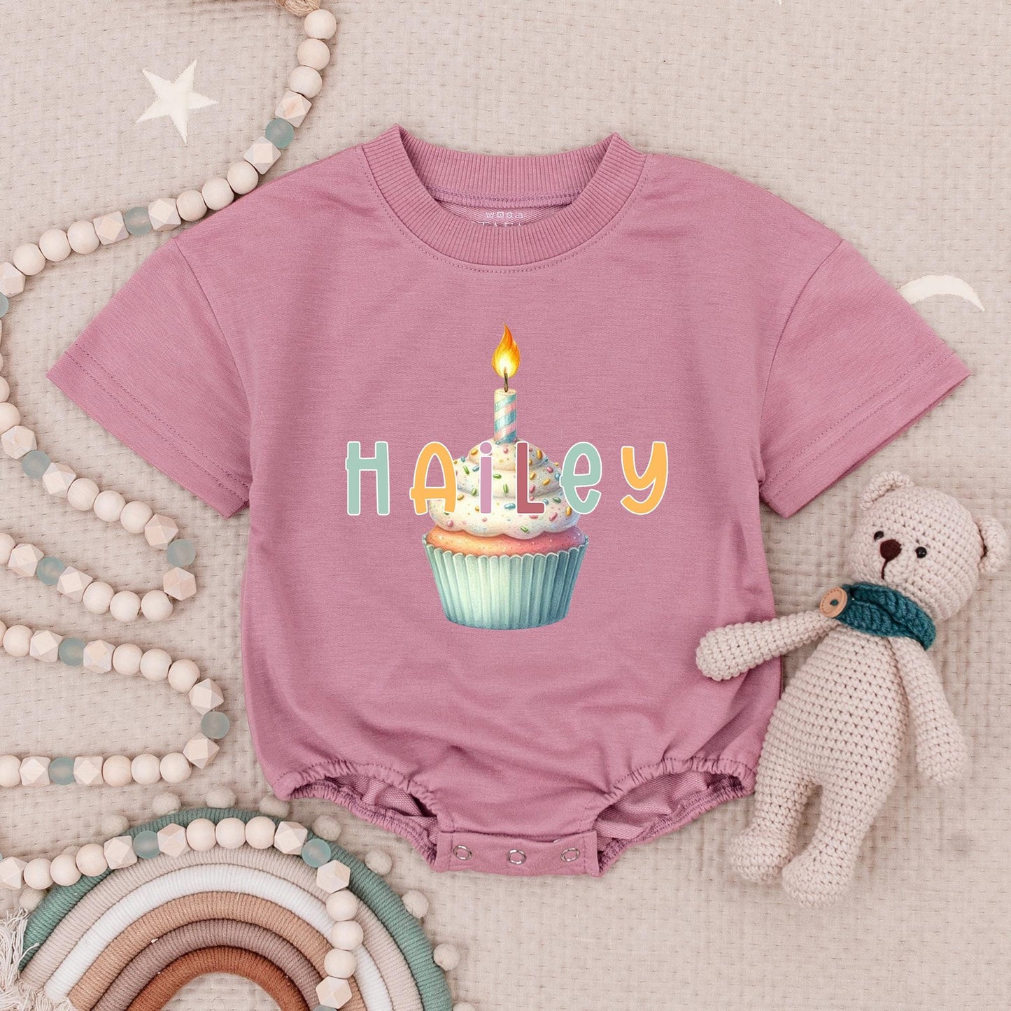 Hailey Personalized Birthday Cupcake Romper Baby Girl's 1st Birthday Outfit with Candle Design, Pastel Colors, Short Sleeve Bubble Romper
