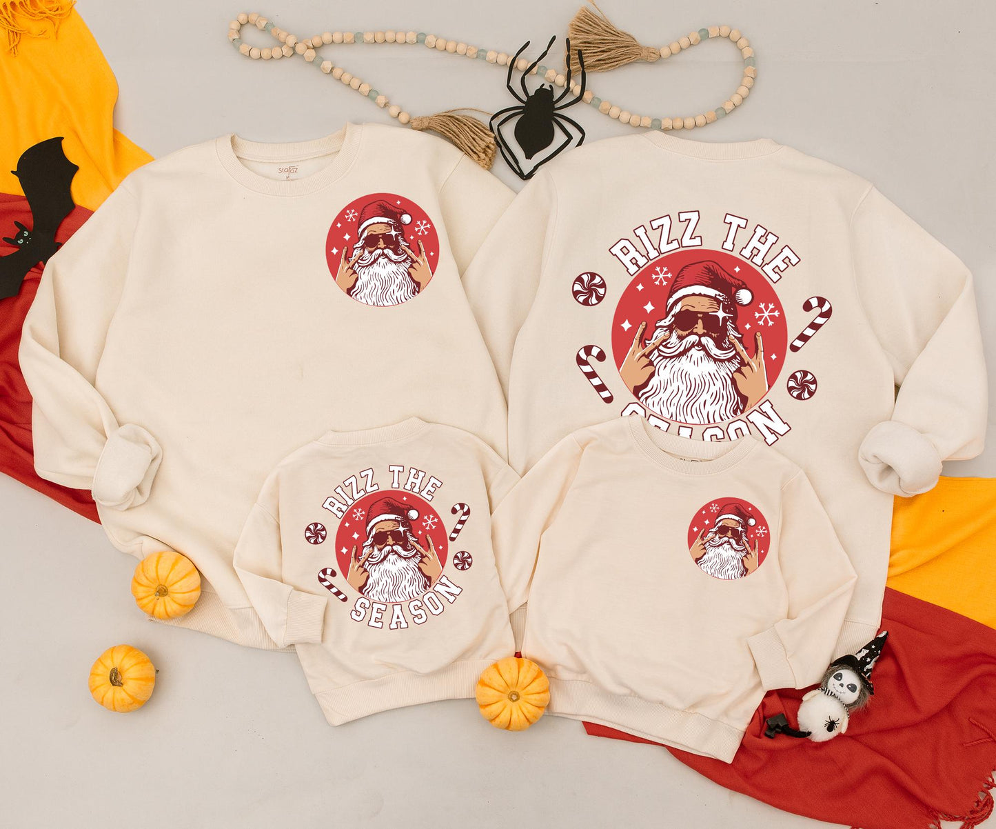 Rizz the Season Retro Santa Sweatshirt Toddler Romper, Rock On Xmas Outfit, Cool Christmas Baby Clothes Gift, Fun Holiday Sweater 2 Sided Design