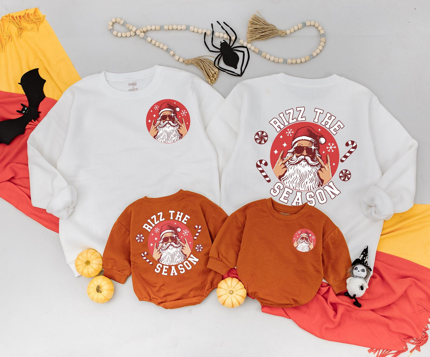 Rizz the Season Retro Santa Sweatshirt Toddler Romper, Rock On Xmas Outfit, Cool Christmas Baby Clothes Gift, Fun Holiday Sweater 2 Sided Design