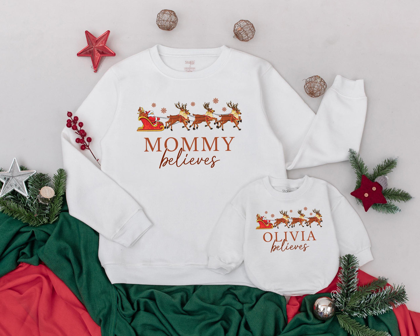 Personalized Mommy and Me Christmas Sweatshirts with Santa & Reindeer Sleigh, Brown Snowflake Believes Design, Matching Mom Baby Daughter Outfits