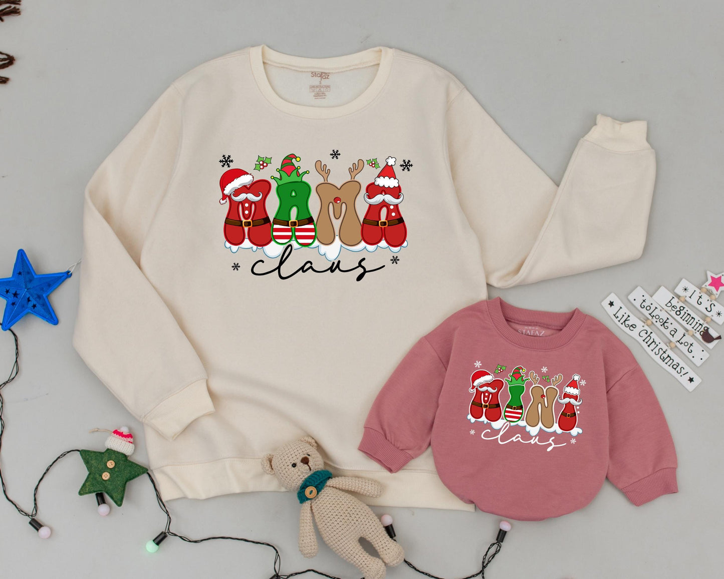 Personalized Mama Claus Mini Matching Christmas Sweatshirt Mom Baby Girl Outfit Festive Holiday Family Look Playful Santa Elf Vintage Style
