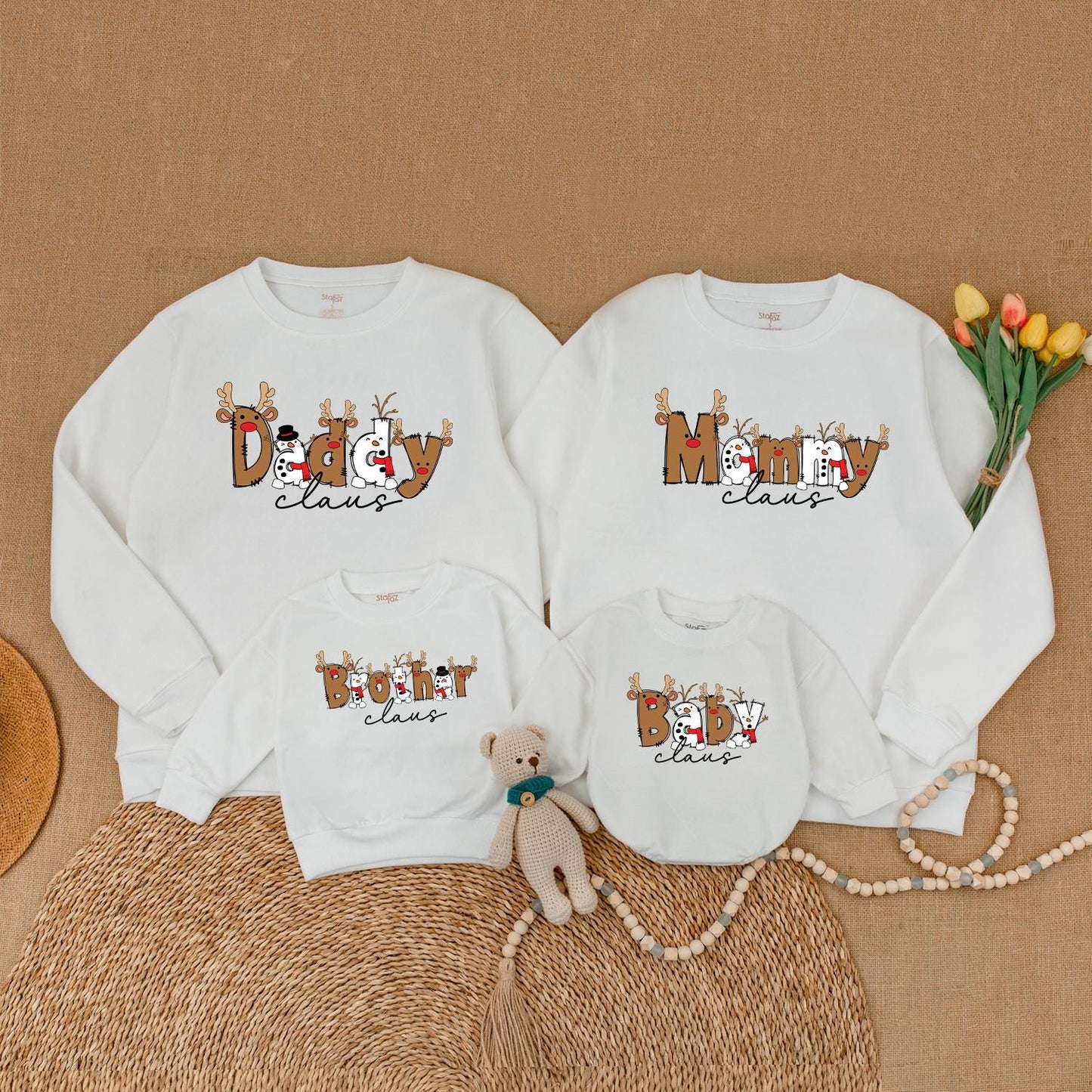 Claus Family Matching Christmas Sweaters: Boho Holiday Outfits for Daddy, Mommy, & Baby with Reindeer Antler Accents - Whimsical Xmas Gifts