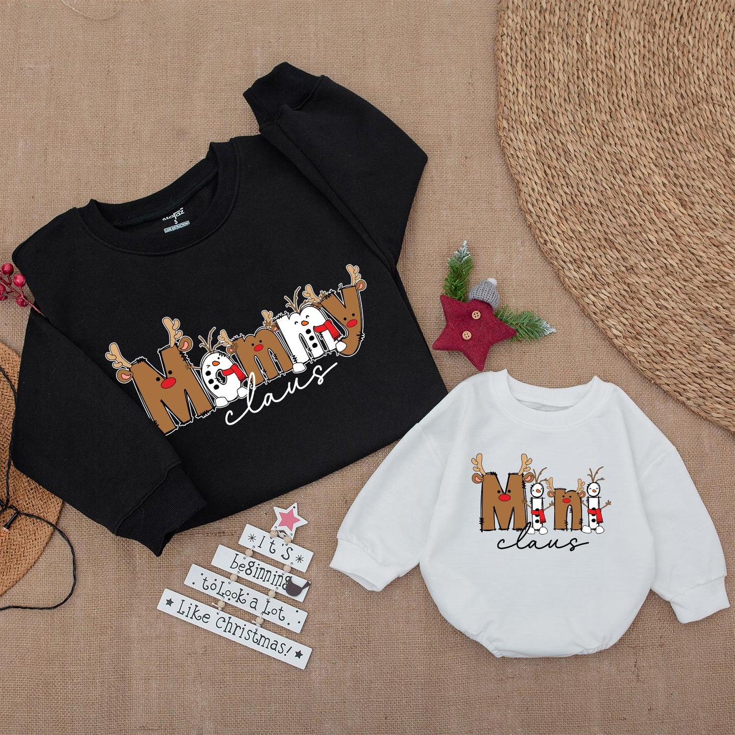 Claus Family Matching Christmas Sweaters: Boho Holiday Outfits for Daddy, Mommy, & Baby with Reindeer Antler Accents - Whimsical Xmas Gifts