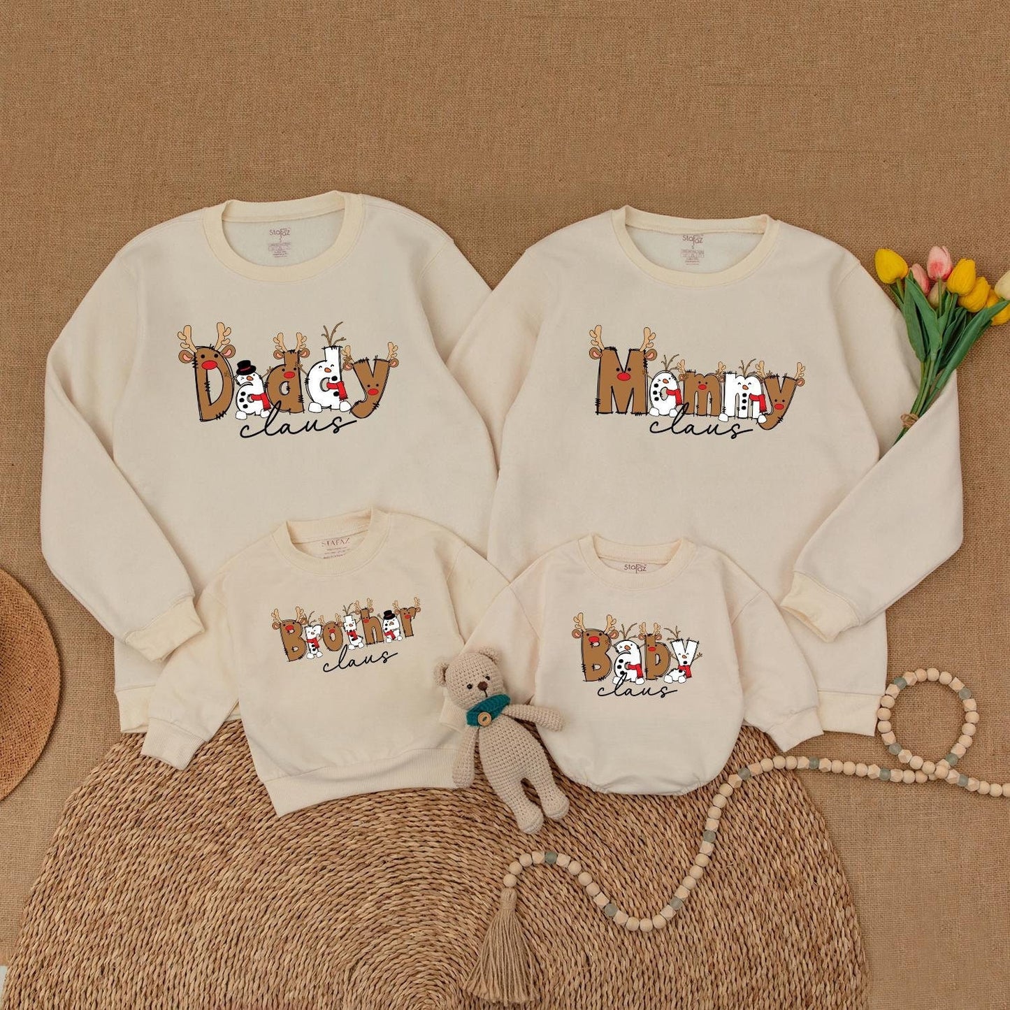 Claus Family Matching Christmas Sweaters: Boho Holiday Outfits for Daddy, Mommy, & Baby with Reindeer Antler Accents - Whimsical Xmas Gifts