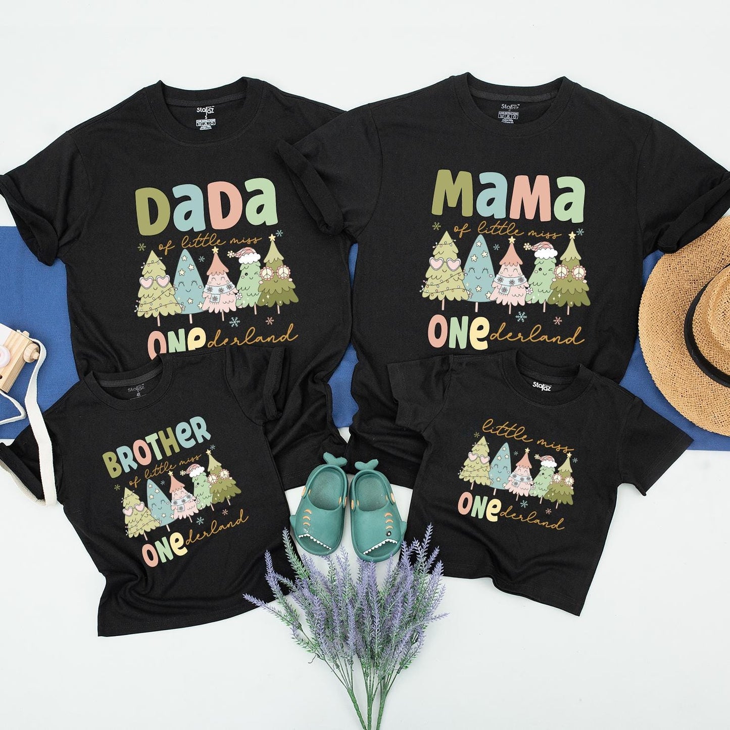 Dada ONEderland Matching Family 1st Birthday Shirts Retro Christmas Trees Outfit Little Miss Tee Winter Xmas Party Pastel Colors Brother Mama Gift (139 chars)