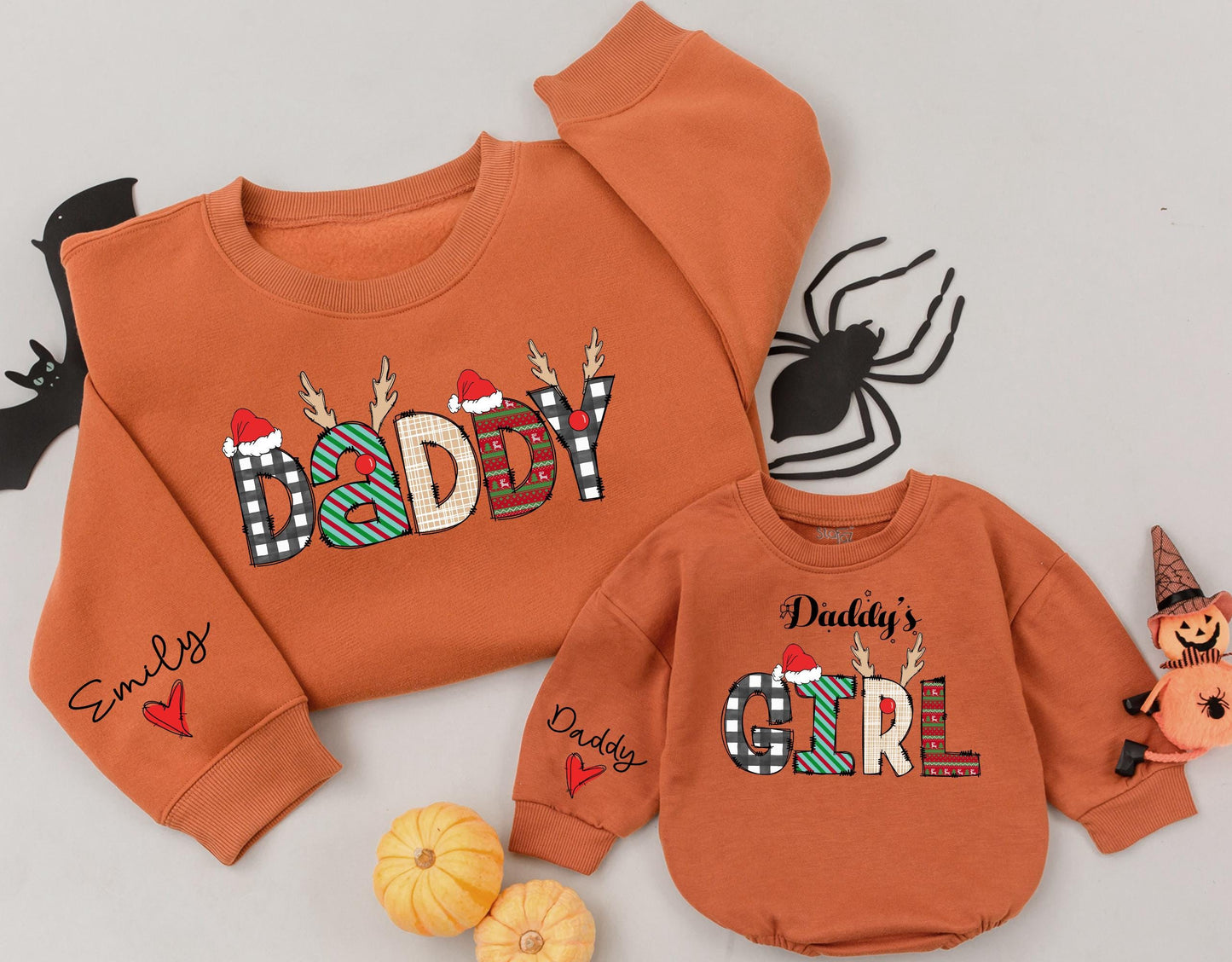 Custom Daddy and Daddy's Girl Matching Christmas Sweatshirts with playful buffalo check and fair isle reindeer design for baby daughter