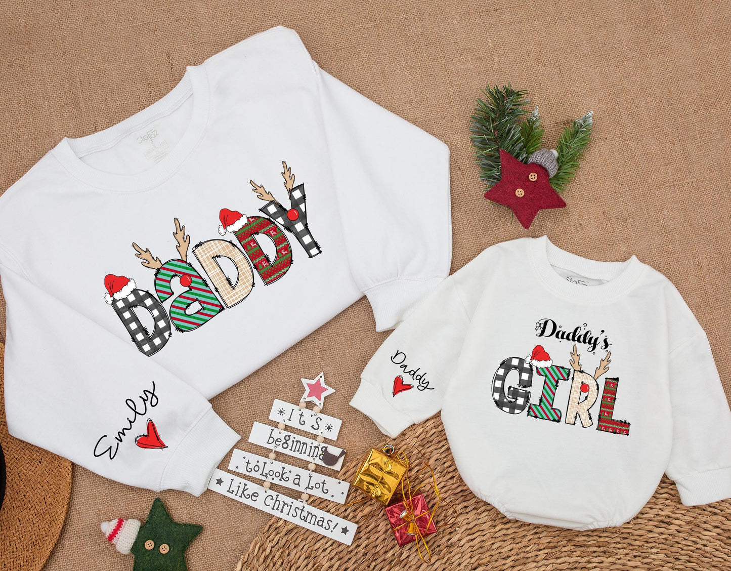 Custom Daddy and Daddy's Girl Matching Christmas Sweatshirts with playful buffalo check and fair isle reindeer design for baby daughter