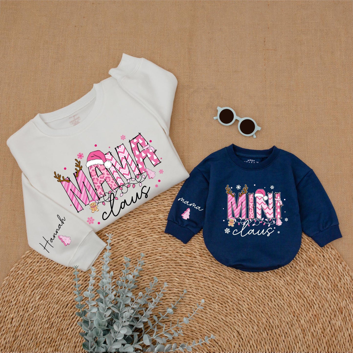 Personalized Pink Mama Claus Mini Claus Christmas Mommy and Me Matching Sweatshirt Baby Bubble Romper Set with Whimsical Holiday Design and Custom Name Sleeves
