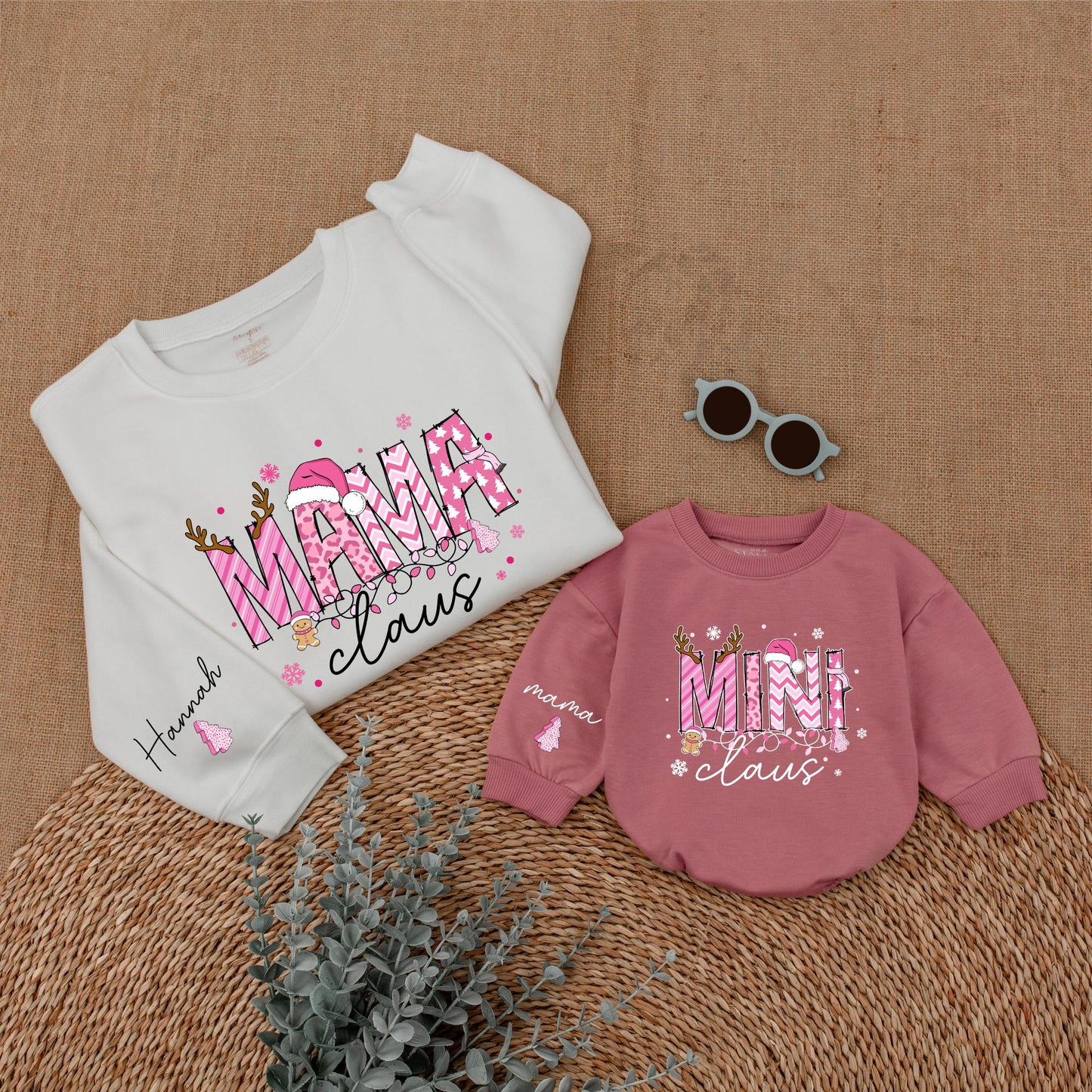 Personalized Pink Mama Claus Mini Claus Christmas Mommy and Me Matching Sweatshirt Baby Bubble Romper Set with Whimsical Holiday Design and Custom Name Sleeves