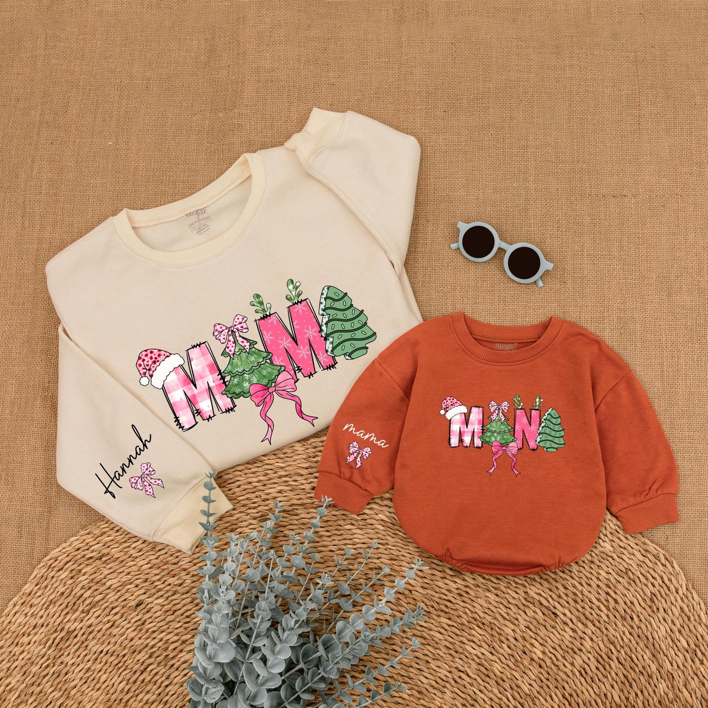Personalized Mommy and Me Christmas Sweatshirt, Festive Mama Mini Letters, Pink Bows, Santa Hat, Tree and Snowflake Plaid, Cozy Baby Girl Holiday Gift