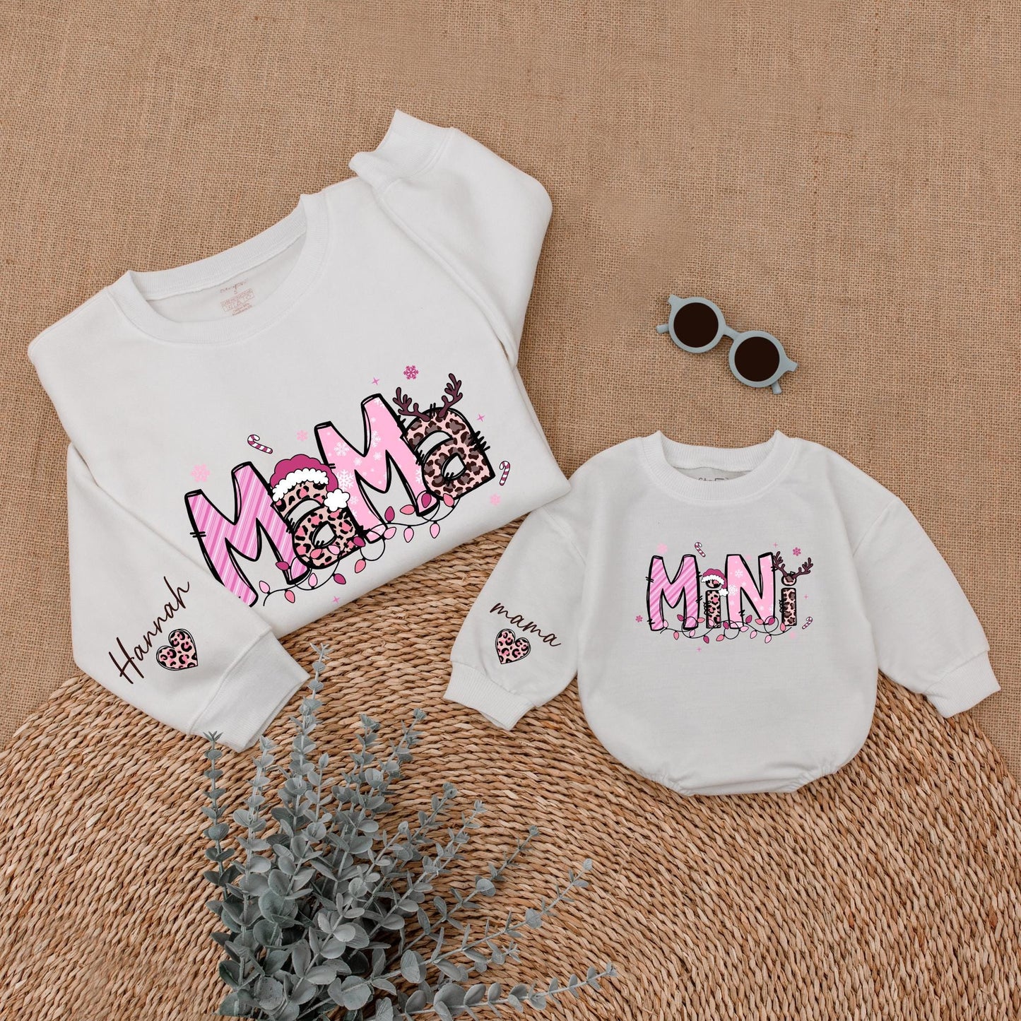 Personalized Pink Leopard Christmas Mama Mini Matching Sweatshirt Baby Girl Bubble Romper Holiday Outfit with Whimsical Antlers Santa Hats Snowflakes
