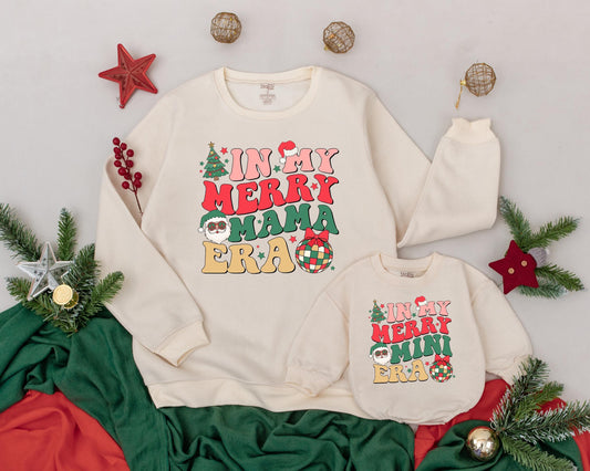 Personalized In My Merry Mama Mini Era Mommy and Me Christmas Sweatshirt Baby Romper Set Retro Vintage Holiday Tree Santa Plaid Festive Outfit