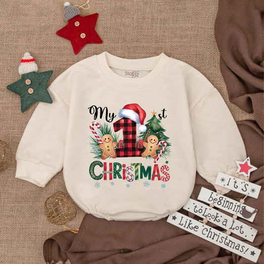 My First Christmas Romper Outfit with Red Plaid 1! Holiday Gingerbread Baby Bodysuit Long Sleeve Gift Newborn Xmas Clothes Festive Keepsake 138