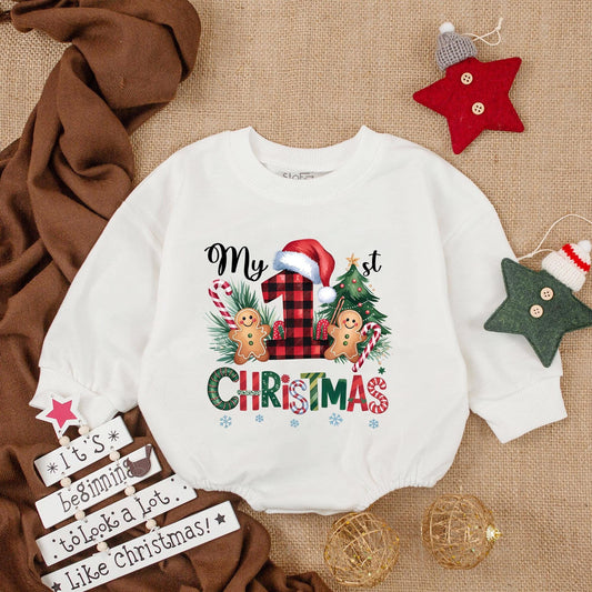 My First Christmas Romper Outfit with Red Plaid 1! Holiday Gingerbread Baby Bodysuit Long Sleeve Gift Newborn Xmas Clothes Festive Keepsake 138