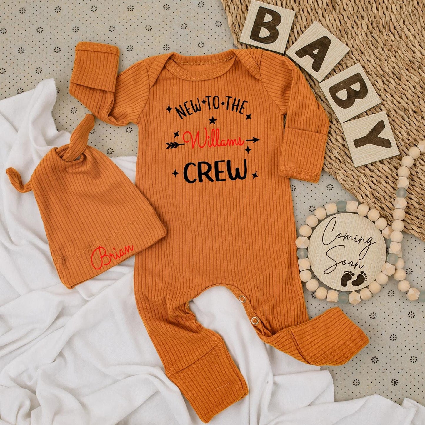 Personalized Baby New To The Williams Crew Bodysuit Brian Hat Set Welcome Family Announcement Outfit Soft Cotton Newborn Gift