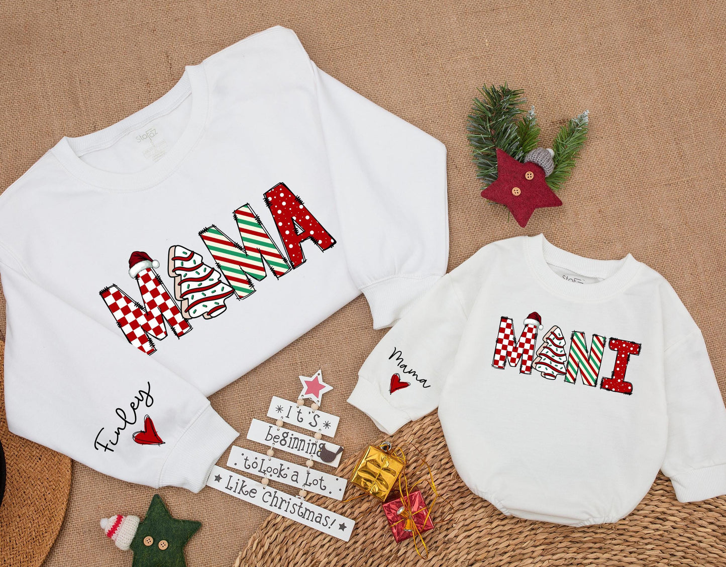 Personalized Finley Mama Mini Christmas Matching Sweatshirts Festive Red Green Santa Tree Striped Polka Dot Holiday Mom Baby Daughter Gift
