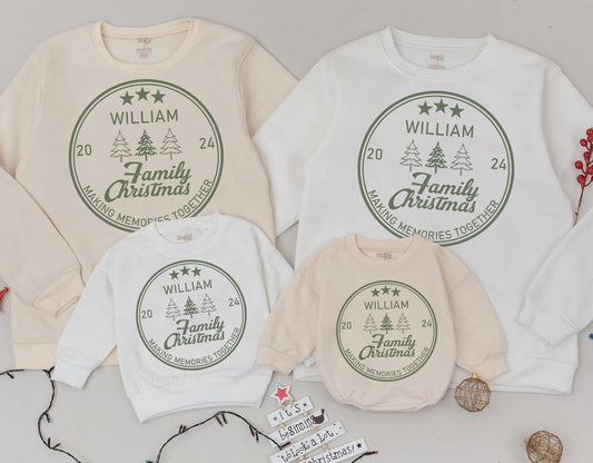 Personalized Family Christmas Sweatshirt with Family Name 2024 Holiday Crewneck Matching Classic Olive Green Emblem Tree Design Making Memories Together