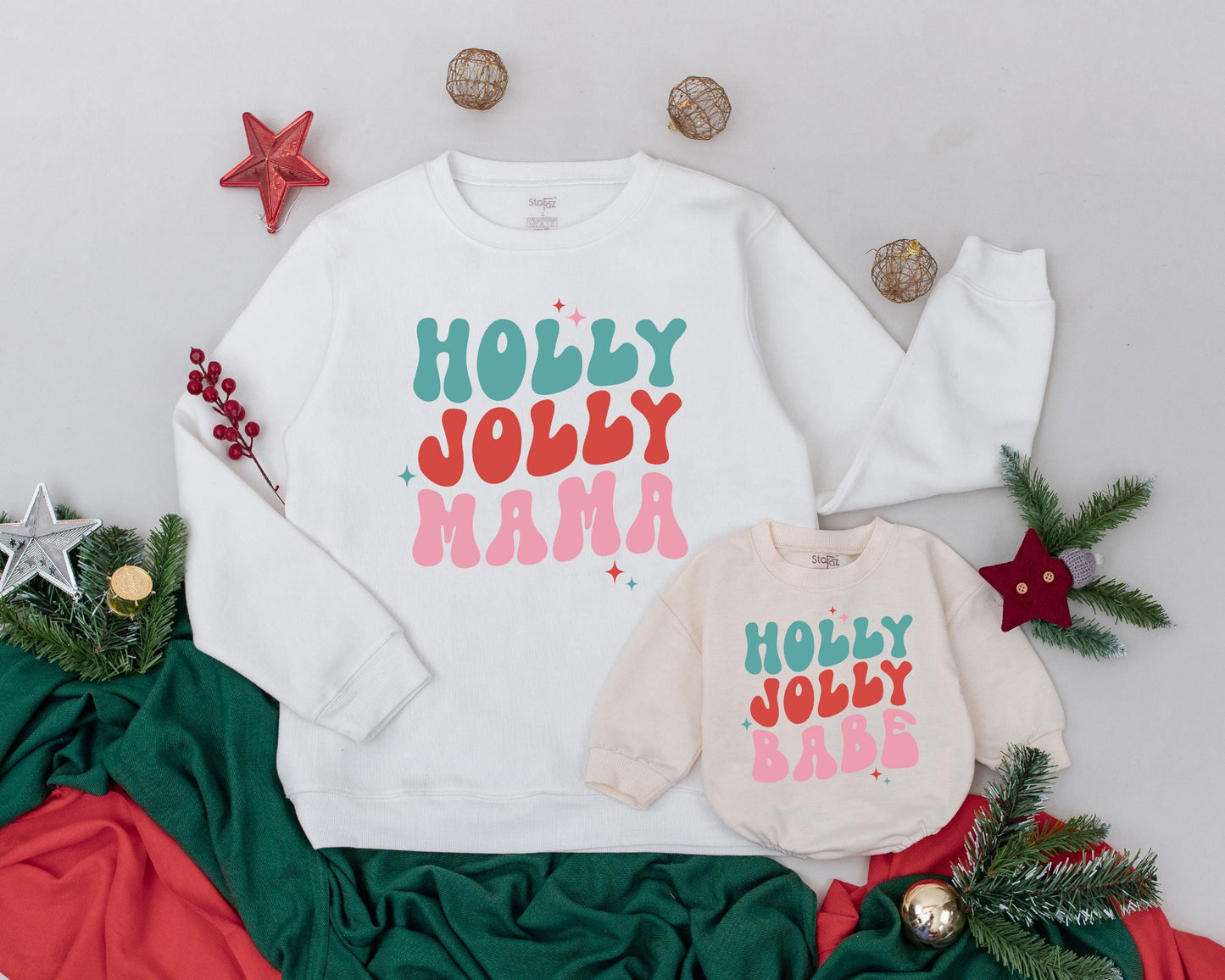 Personalized Retro Holly Jolly Mama Matching Christmas Family Shirts with Teal Red Pink Starbursts Vintage Mom Baby Sweatshirt Romper Outfits