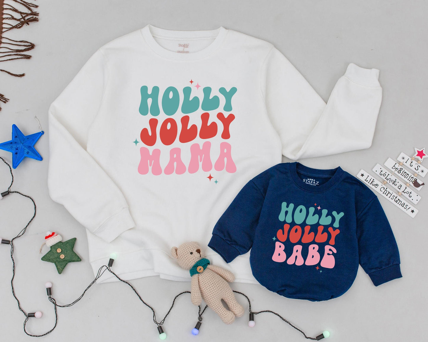 Personalized Retro Holly Jolly Mama Matching Christmas Family Shirts with Teal Red Pink Starbursts Vintage Mom Baby Sweatshirt Romper Outfits