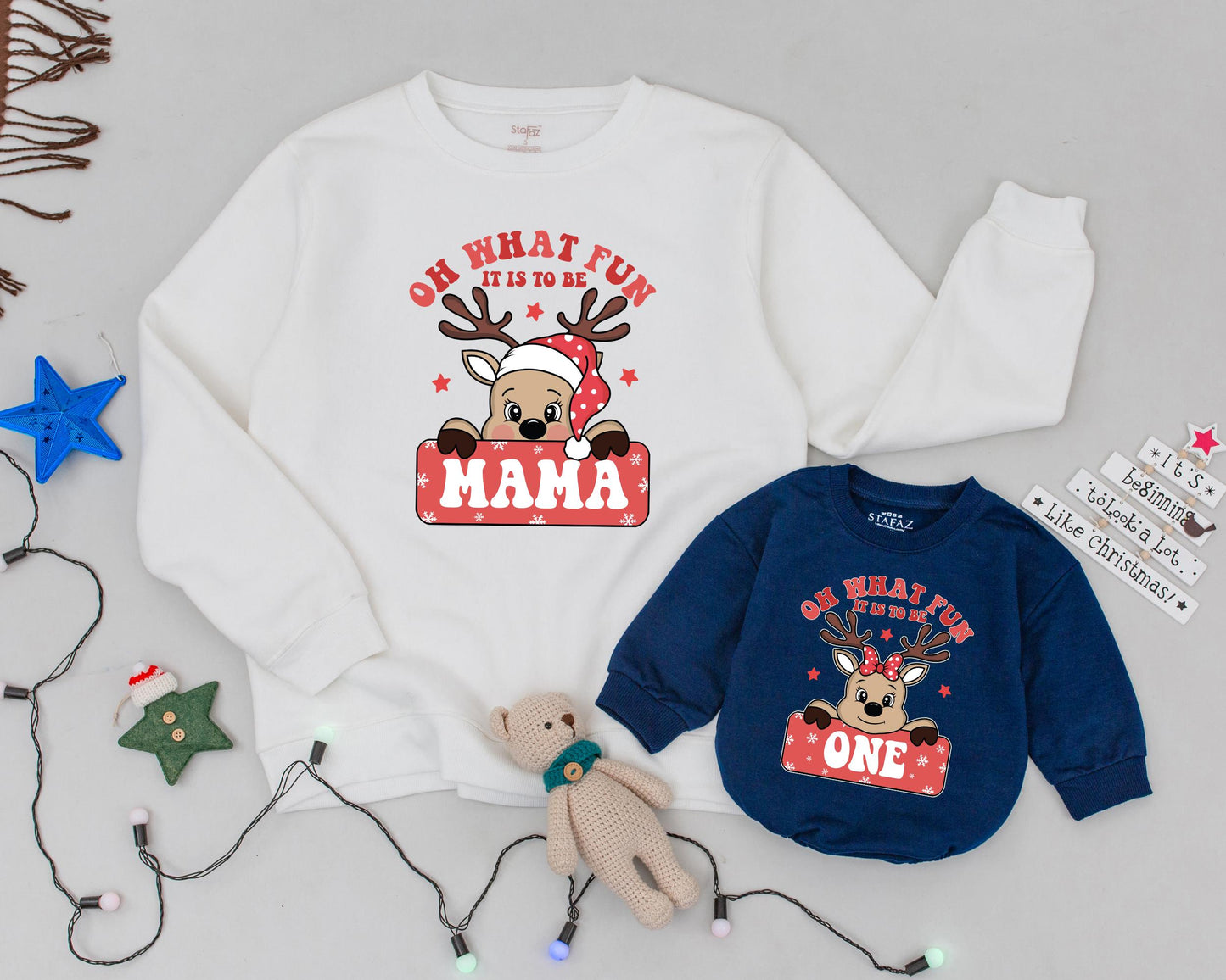 Personalized Mama and Mini Matching Sweatshirt Set Cheerful Red Reindeer First Birthday Christmas Holiday Party Outfit Family Sweater