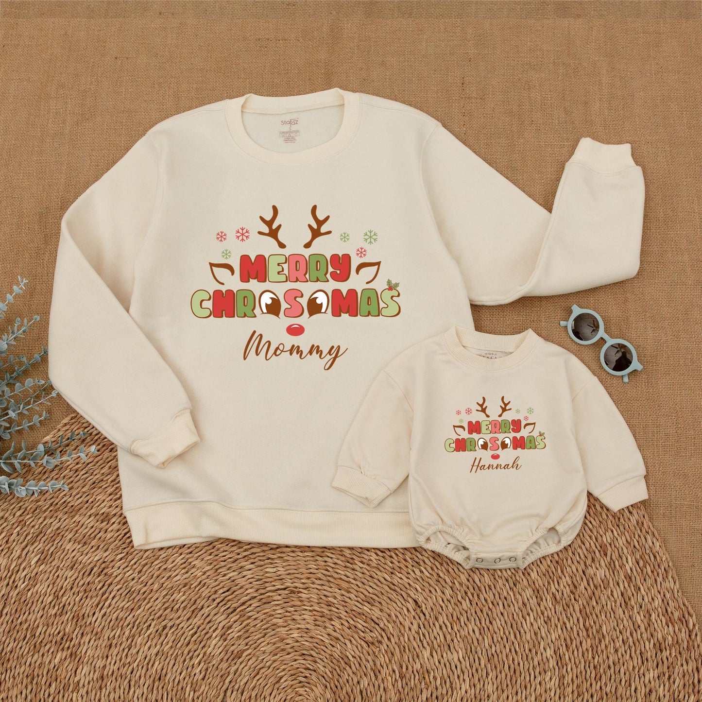 Personalized Merry Christmas Reindeer Family Matching Sweatshirts, Whimsical Mommy and Me Holiday Outfits with Playful Antlers and Snowflakes