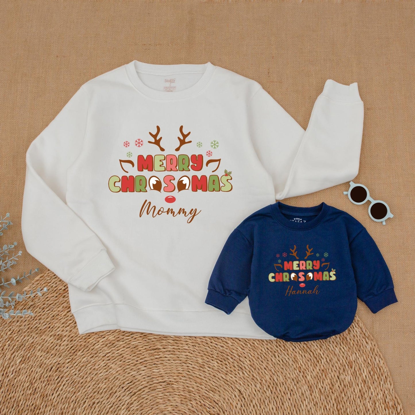 Personalized Merry Christmas Reindeer Family Matching Sweatshirts, Whimsical Mommy and Me Holiday Outfits with Playful Antlers and Snowflakes