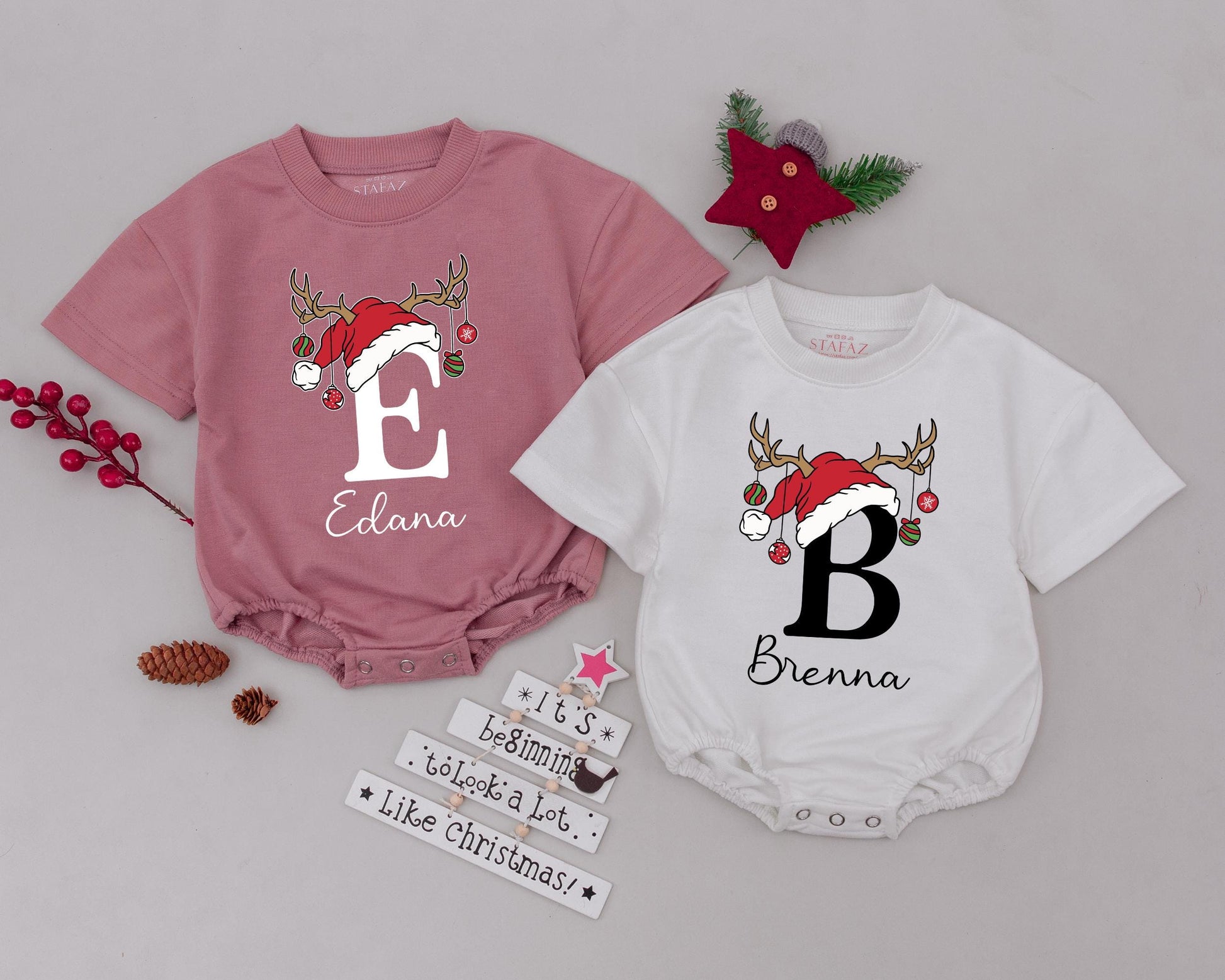 Personalized Baby's First Christmas Romper with Name Santa Hat Reindeer Antlers Ornament Design Holiday Infant Bodysuit Toddler Outfit
