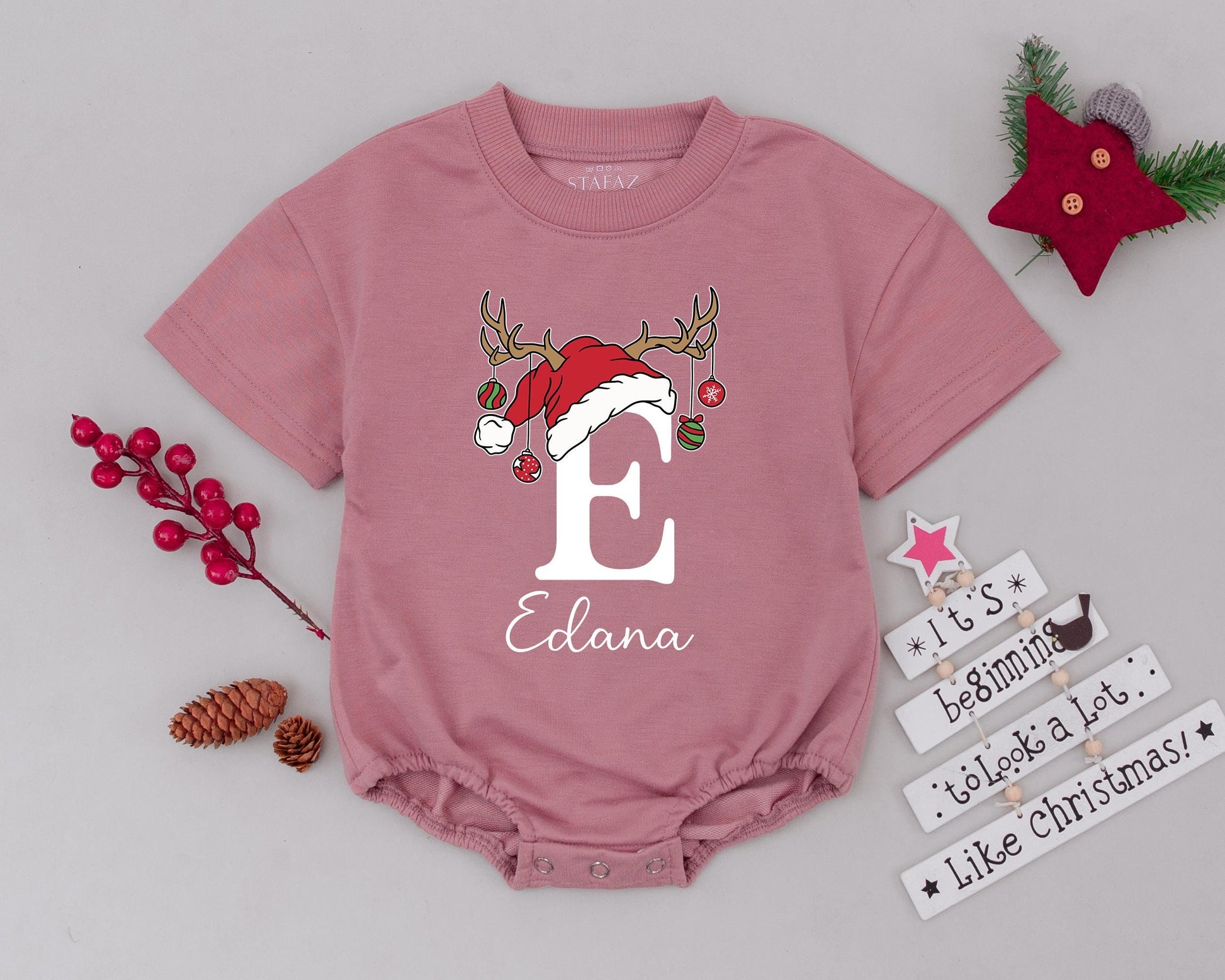Personalized Baby's First Christmas Romper with Name Santa Hat Reindeer Antlers Ornament Design Holiday Infant Bodysuit Toddler Outfit
