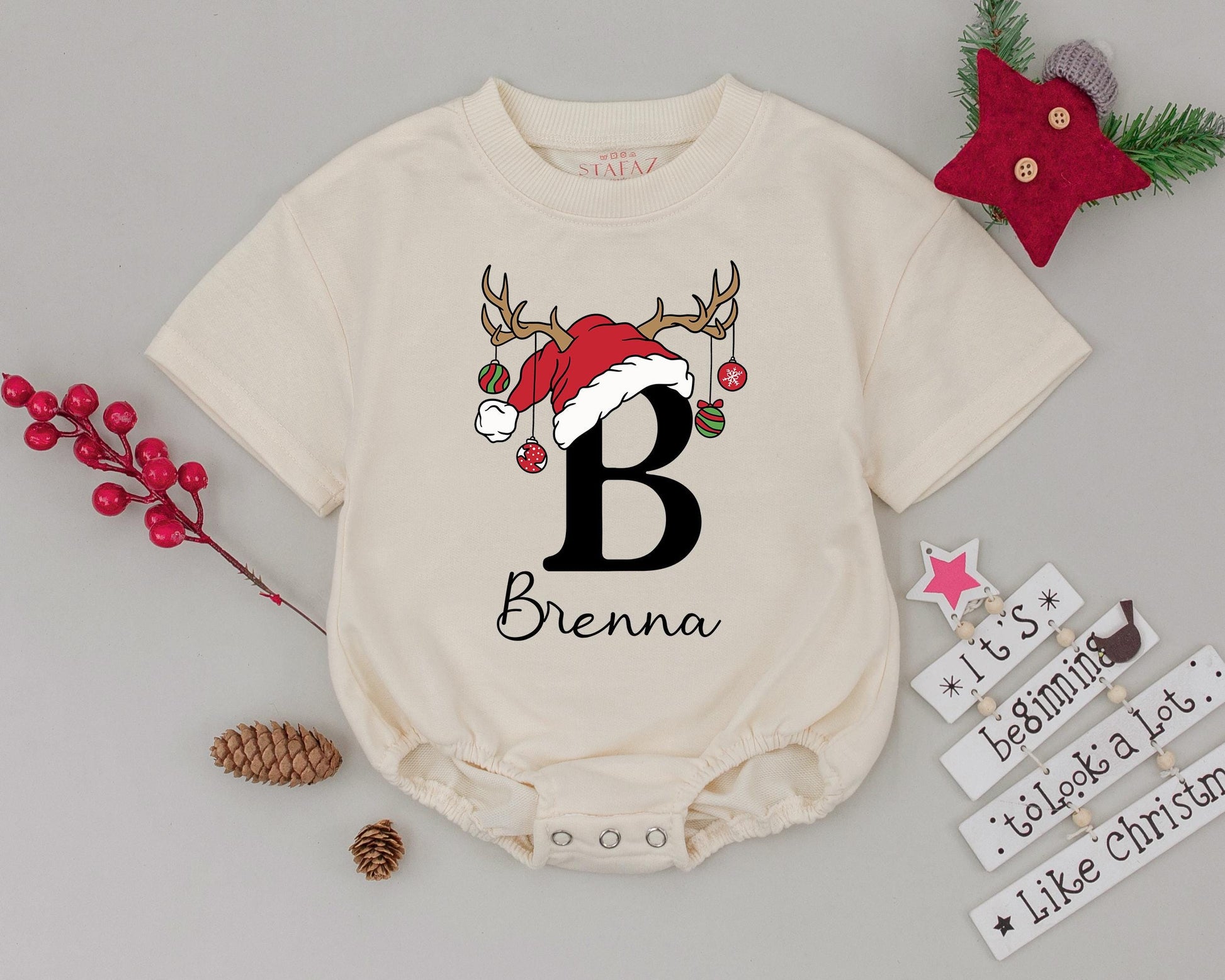 Personalized Baby's First Christmas Romper with Name Santa Hat Reindeer Antlers Ornament Design Holiday Infant Bodysuit Toddler Outfit