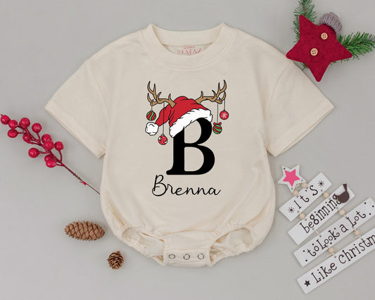 Personalized Baby's First Christmas Romper with Name Santa Hat Reindeer Antlers Ornament Design Holiday Infant Bodysuit Toddler Outfit
