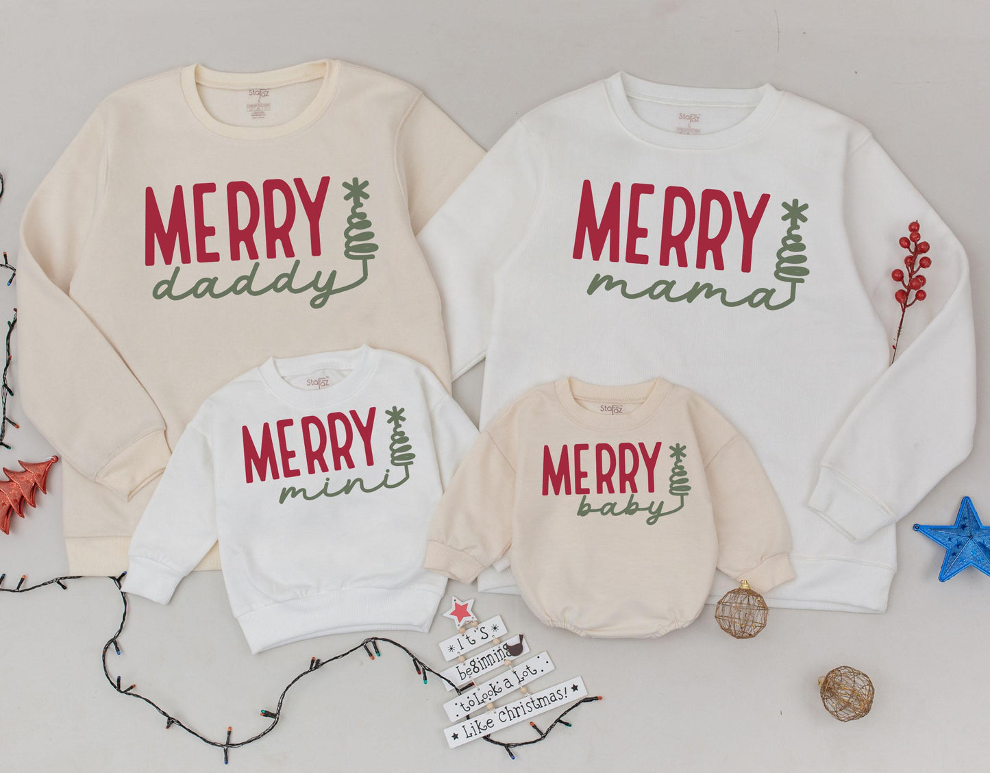 Matching Family Christmas Sweatshirts Merry Mama Daddy Mini Baby Two-Tone Red Green Block Letter Tree Holiday Outfit Fun Festive