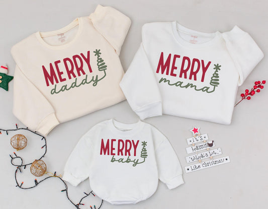 Matching Family Christmas Sweatshirts Merry Mama Daddy Mini Baby Two-Tone Red Green Block Letter Tree Holiday Outfit Fun Festive